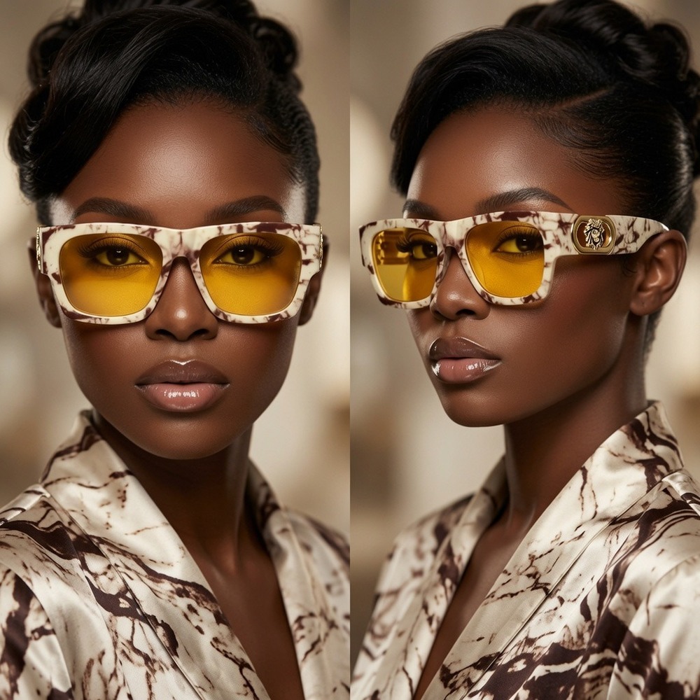 Oversize Square Marble Sunglasses Yellow Lens Gold Lion Head Emblem Women Luxury